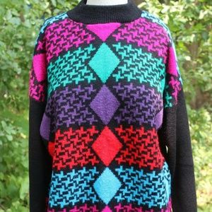 Vtg Geometric 80's 90's Sweater Colorful Color Block Neon